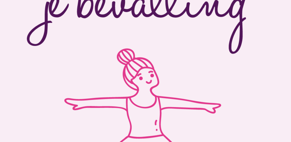 Herstellen na je bevalling in het roze en paars geschreven, met daaronder een roze geïllustreerde vrouw in een yoga positie. Op een lichtroze achtergrond.